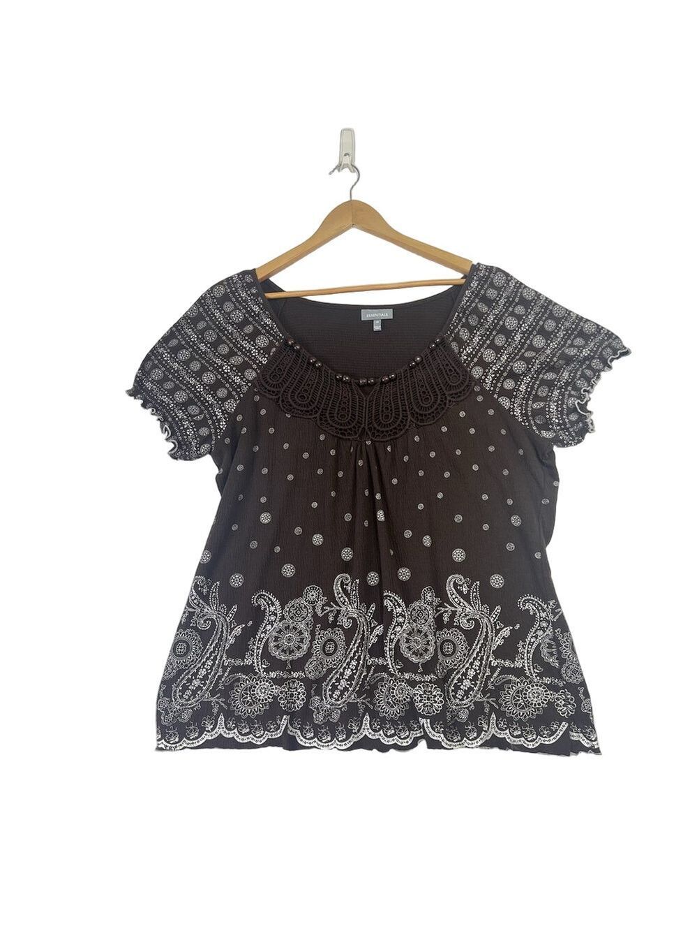 Essentials Women's Top Y2K 1X Brown Embroidered Beats Short Sleeve Babydoll